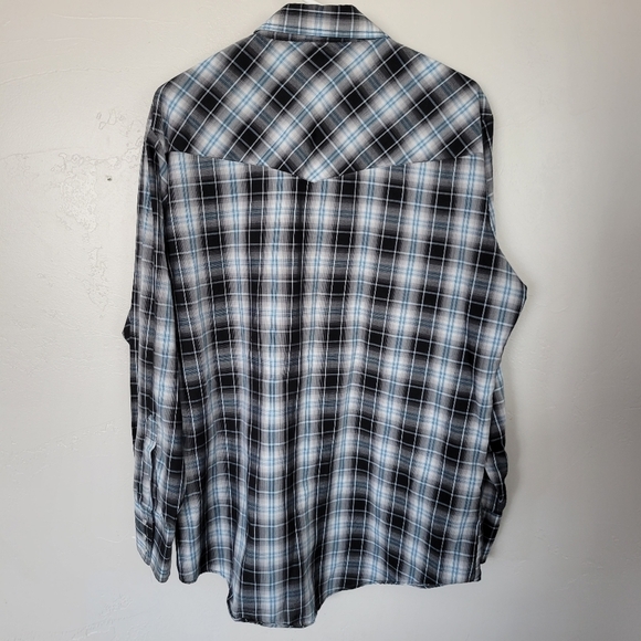 Ely Cattleman Men's Large Long Sleeve Button Up Dress Shirt Blue Black Plaid Top - Picture 4 of 4